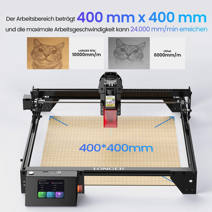 Longer 10 W lasergraveermachine & cutter – upgrade editie met 24.000 mm/min, 3,5 inch kleuren-touchscreen, offline app, voor metaal/glas/hout DIY