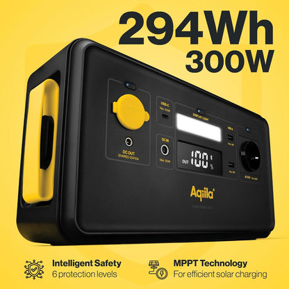 Portable Powerstation 294Wh, 300W, Extremely Long Life, Portable, LiFePo4, Power Bank with Power Outlet, Power Station Generator, Aqiila Powerbird S300 - QUORE