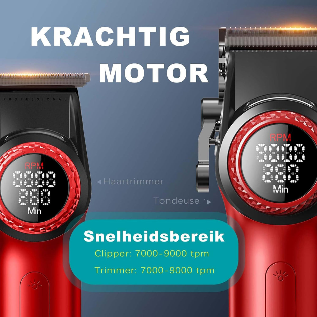 VGR Professional Barber Combo van Tondeuse, Trimmer, Foliescheerapparaat en Ionische Föhn, 4-in-1 Compleet Set met Krachtige Upgraded Motor, Oplaadstation, LED-display, Luxe Opbergkoffer, Rood