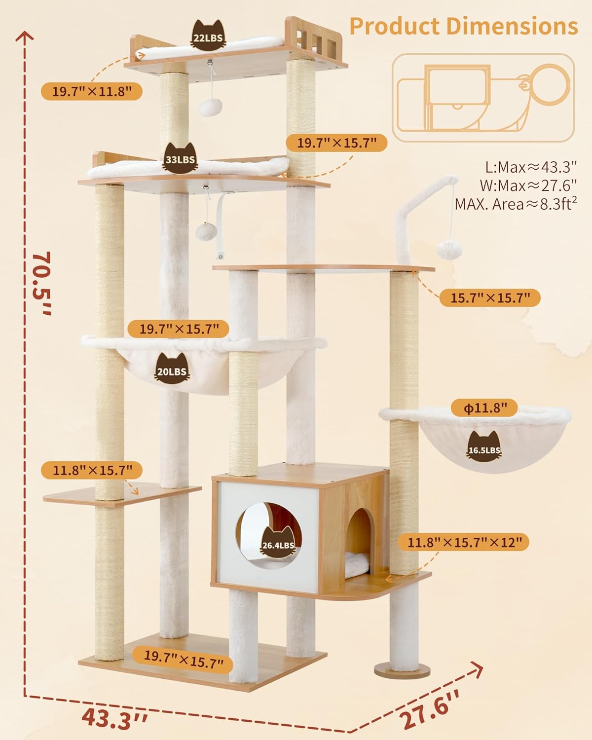 Krabpaal – Kattenboom – Krabmeubel – Klimpaal – Kattenmeubel – Walnootkleur – Duurzaam Sisal – Stabiel Ontwerp - QUORE