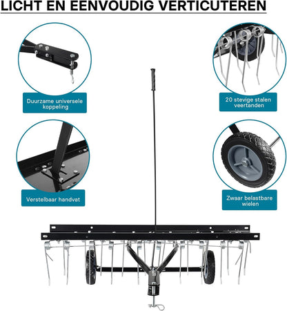 Wiltec verticuteermachine 100 cm voor zitmaaiers, gazonbeluchter met stalen veren en rubberen wielen voor gazontractoren, gazonverticuteermachine voor het beluchten van gazons en als mosverwijderaar