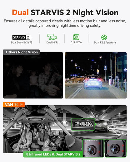 VANTRUE E360 Plus 3-kanaals 5.2K panorama+1440p dashcam met Dual STARVIS 2 HDR nachtzicht, 360° buffer parkeermodus dashcam, spraakgestuurde autocamera, APP, 1,54 inch touchscreen, max. 1TB