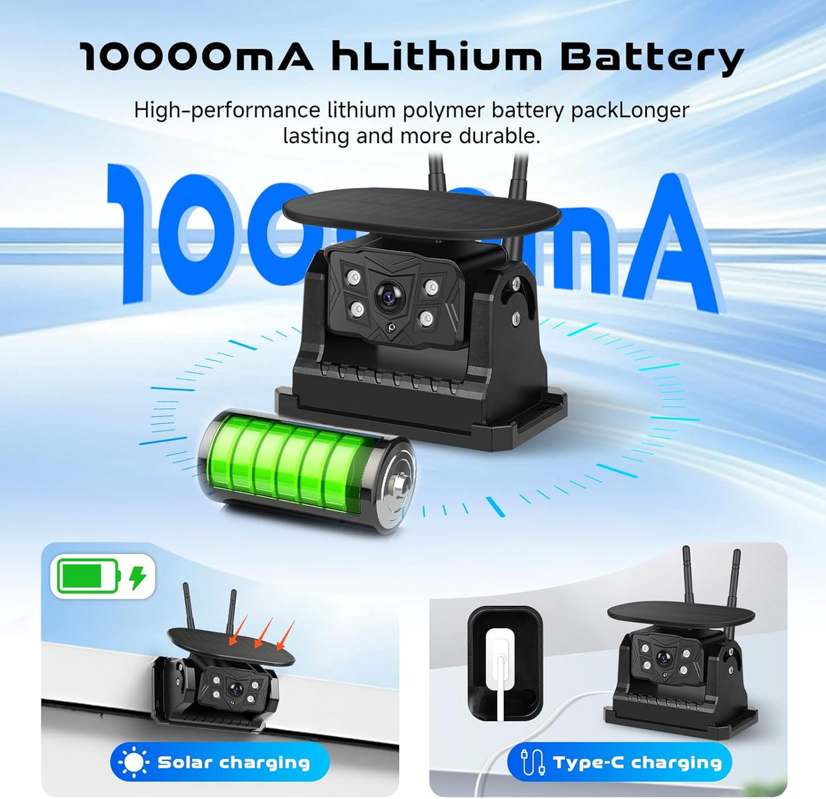 Hodozzy Draadloze camera met zonne-energie, 10,1 inch IPS touchscreen monitor met loopopname, 10000 mAh achteruitrijcamera met dodehoekwaarschuwing, spiegelinversie, waterdicht, nachtzicht, Type-C