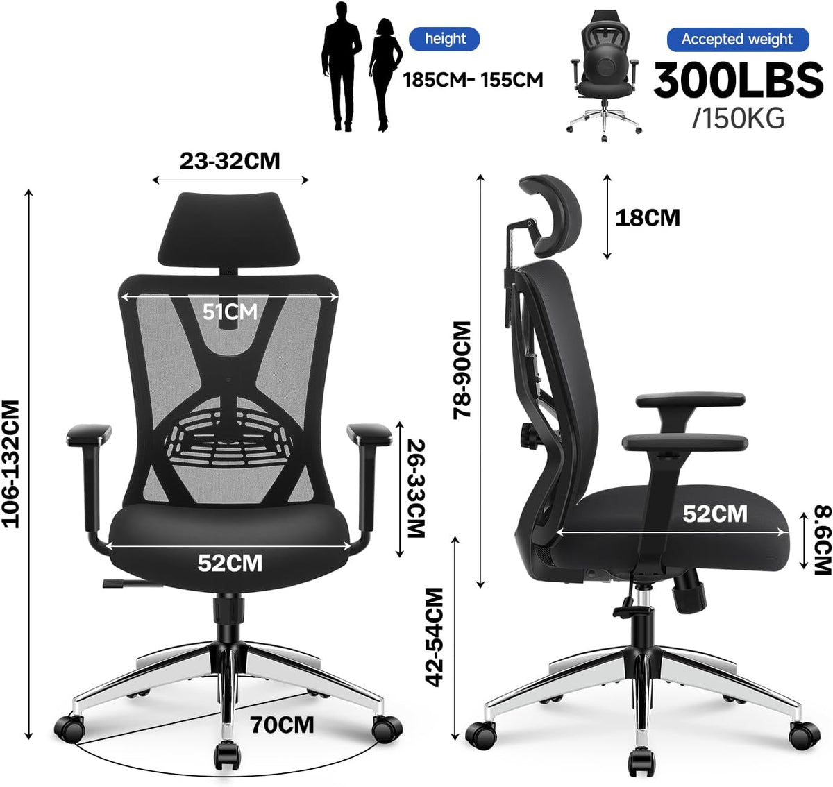 Ticova Ergonomische Bureaustoel - Hoge Rug Bureaustoel met Verstelbare Lendensteun, Hoofdsteun en 3D Armleuning - 130° Schommelende Mesh Computerstoel