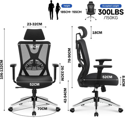 Ticova Ergonomische Bureaustoel - Hoge Rug Bureaustoel met Verstelbare Lendensteun, Hoofdsteun en 3D Armleuning - 130° Schommelende Mesh Computerstoel