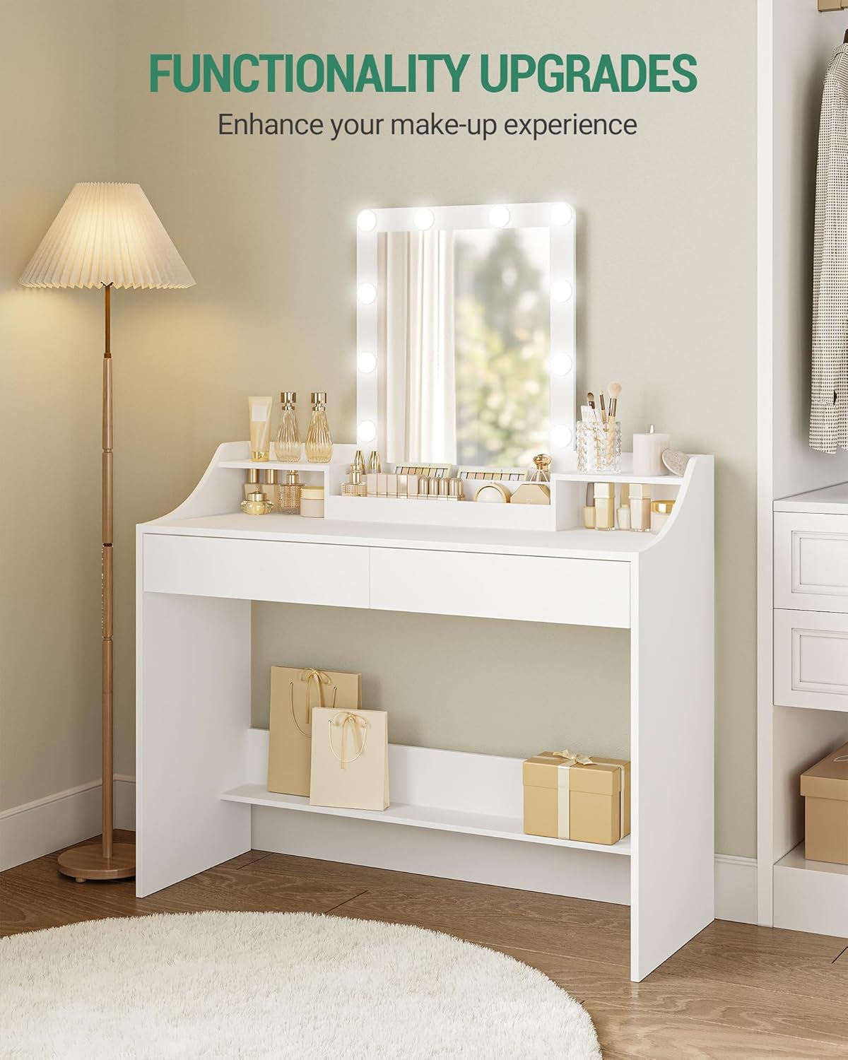 Hzuaneri 108cm Dressing Table with LED Lighting, Adjustable Brightness, Dressing Table with Mirror, Sideboard with 2 Drawers and 2 Open Compartments, Modern, WhiteDT40803X