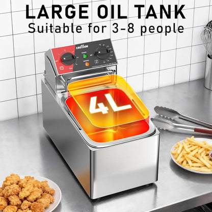 CROSSON Commerciële Roestvrijstalen Elektrische Friteuse,230V/2500W Professionele Elektrische Friteuse 4L met Verstelbaar Thermostaat 80-200°C,met Afneembare Olietank