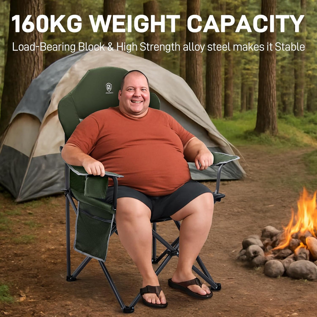 EVER ADVANCED Luxe campingstoel, opvouwbaar, belastbaar tot 160 kg, ultragroot, met hoge rugleuning, comfortabele klapstoel met zijzak en bekerhouder voor camping, tuin, balkon, vissen, tuinstoel
