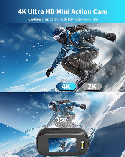 Action Cam 4K WiFi, lichaamscamera, mini bodycam, 64 GB, 150 graden kleine motor-/sportcamera, helmcamera met display, actiecamera's, vlog, videocamera met multifunctionele accessoires