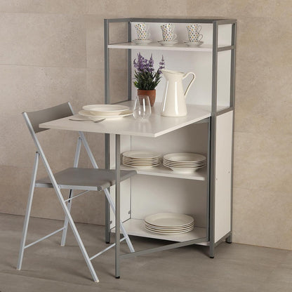 Versa Blumenau Eettafel met schappen voor keuken, terras, tuin of eetkamer, Inklapbaar werkblad, Afmetingen (H x B x H) 120 x 30 x 62 cm, Hout, PVC en Metaal, Kleur Wit