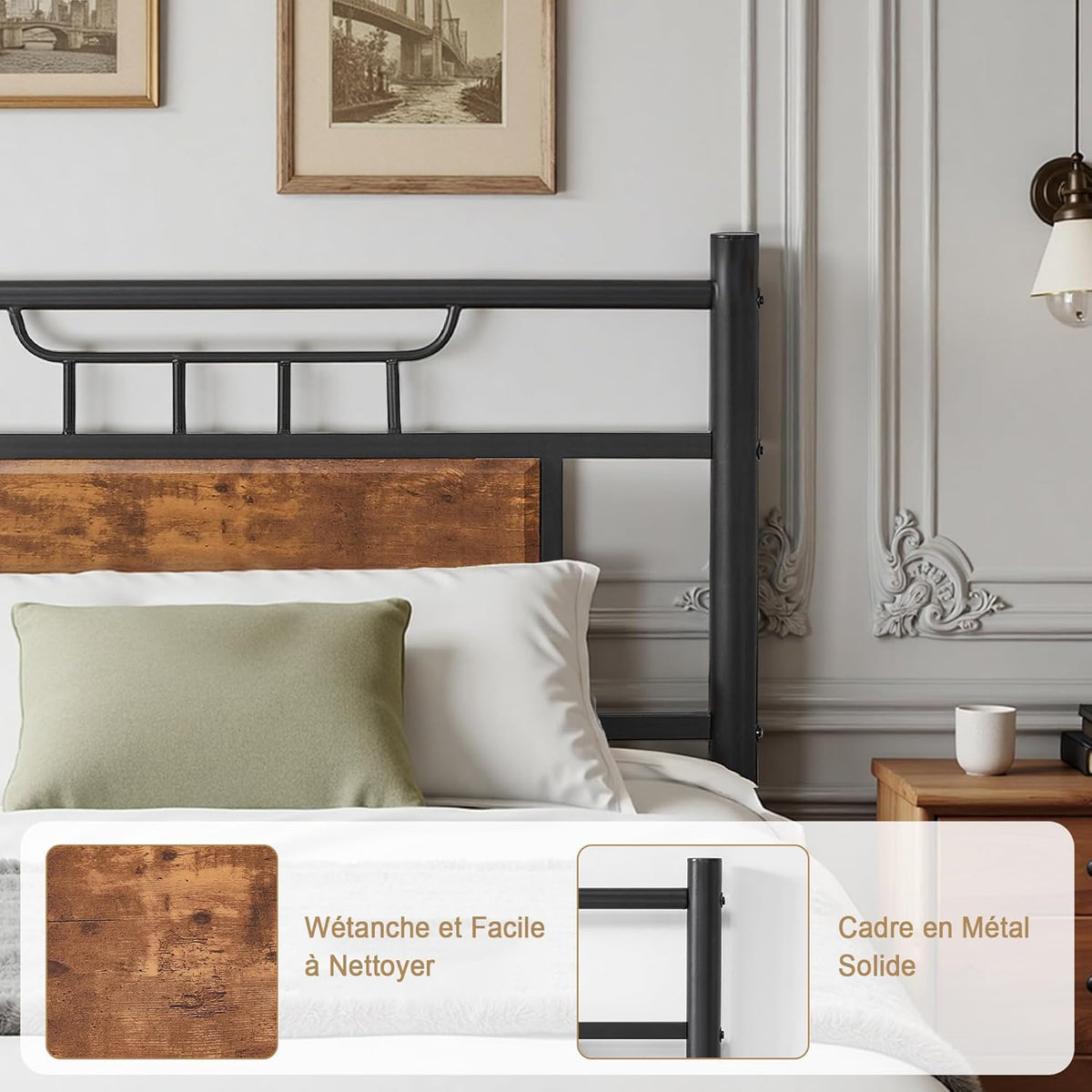 VECELO Bedframe 90 x 200 cm, eenpersoonsbedbodem met houten hoofdeinde, lattenbodem van hoogwaardig staal, opslag onder het bed, eenvoudige montage, bruin
