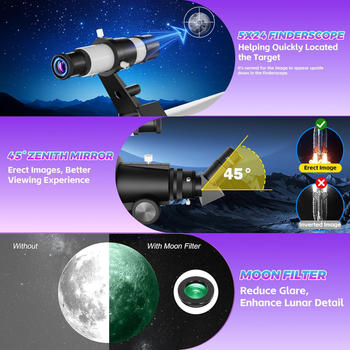 Astronomische telescoop voor volwassenen, opening 90 mm, refractieve telescopen van 600 mm, volledig meerlaagse draagbare astronomische refractortelescoop met statief