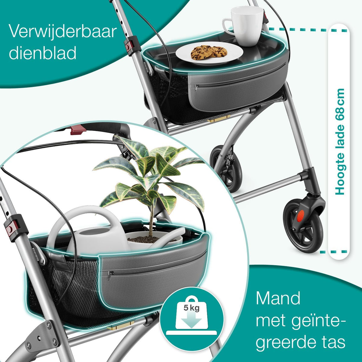ELONEO Lichtgewicht Rollator voor Binnen - 54 cm Breed, Opvouwbaar Looprek met Dienblad en Stoffen Mandje, Smalle Rollator van Aluminium, Inklapbaar Mobiliteitshulpmiddel, Zilver