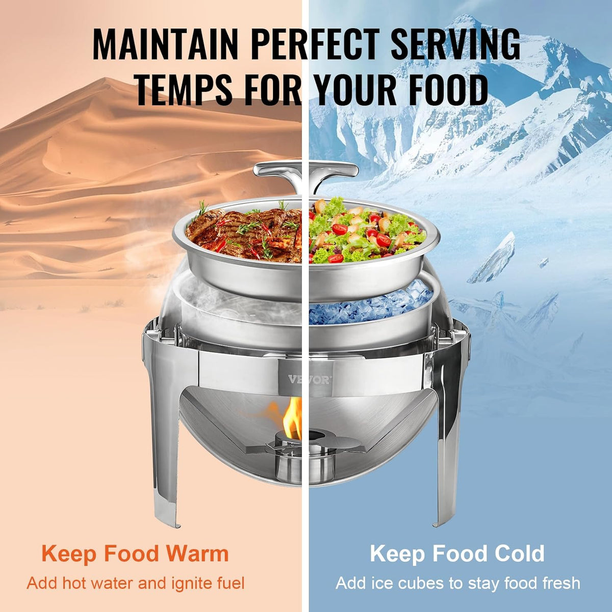 VEVOR DT-C1101 Ronde Catering Warmer Server Chafing Dish Buffet Set, Roestvrij Staal, Zilver