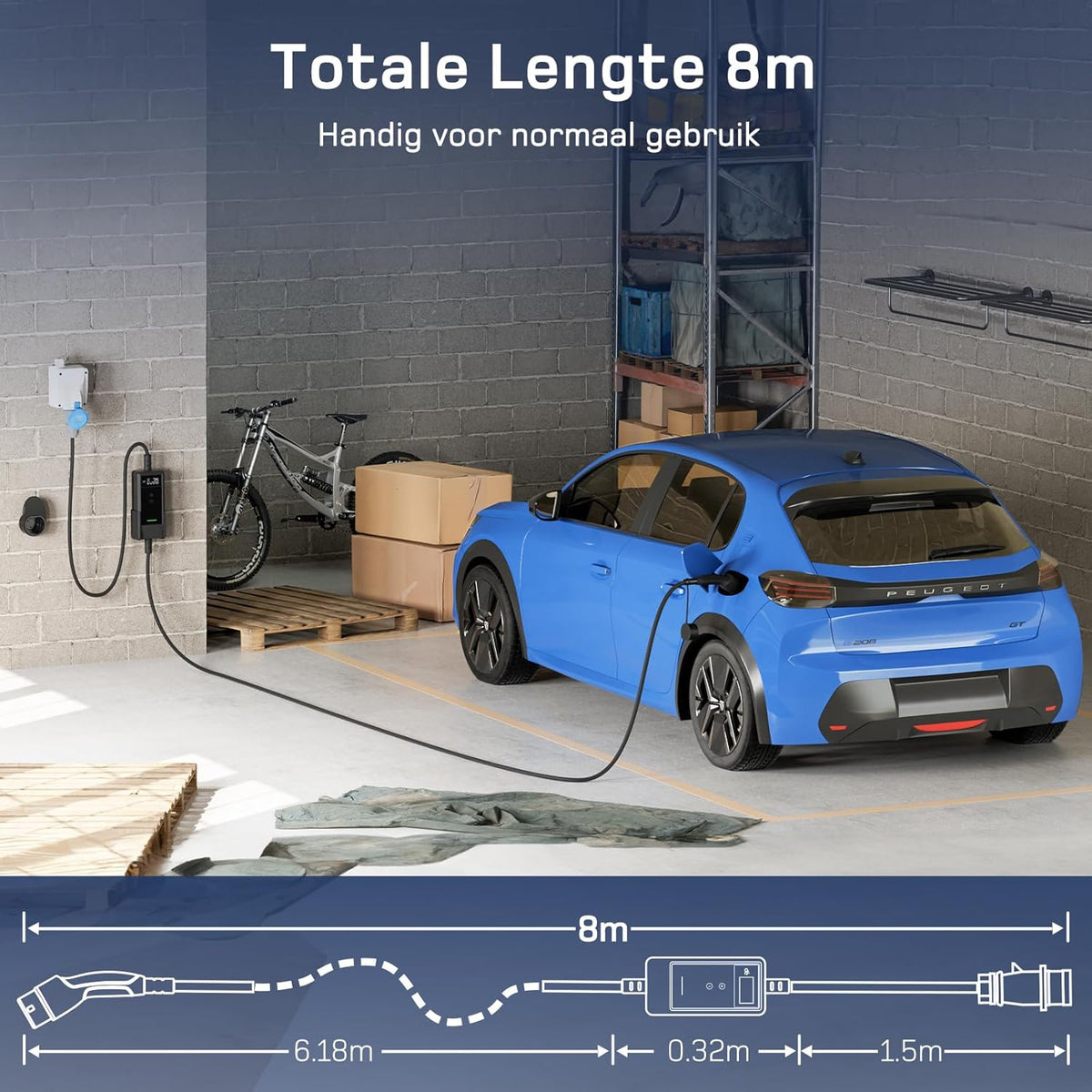 dé EV Oplader CEE 7,4kW [8m, 1-Fase, 6-32A] Wallbox 7,4kW met Type 2 Laadkabel en Digitale LCD Bediening voor ID.3/4/5, Model 3/Y, EX30, IX1, Q3/4/5 en Andere EV & PHEV