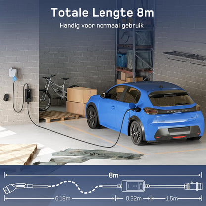 dé EV Oplader CEE 7,4kW [8m, 1-Fase, 6-32A] Wallbox 7,4kW met Type 2 Laadkabel en Digitale LCD Bediening voor ID.3/4/5, Model 3/Y, EX30, IX1, Q3/4/5 en Andere EV & PHEV