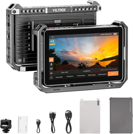 Cameramonitor – Videomonitor – Field Monitor – HDMI Monitor – Camerascherm – 6 Inch Full HD Touchscreen met Rig Cage – 2000 cd/m² Helderheid en 4K HDMI In/Uit