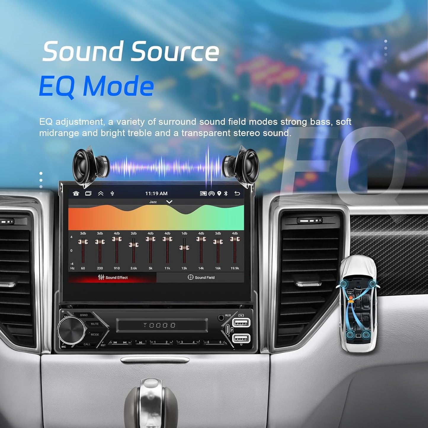 Android-autoradio 13 2G + 64G 1 Din met Wireless Carplay Android Auto, 7 inch flip-out touchscreen Bluetooth autoradio met Mirror Link WiFi GPS SWC FM RDS USB + achteruitrijcamera + MIC