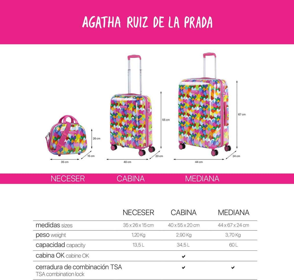 AGATHA RUIZ DE LA PRADA - Middelgrote Koffer. Suitcase - Medium Trolley Reiskoffer van AGATHA RUIZ DE LA PRADA. Lichtgewicht Polycarbonaat Harde Schaal 4 Wielen Cijferslot, Fuchsia