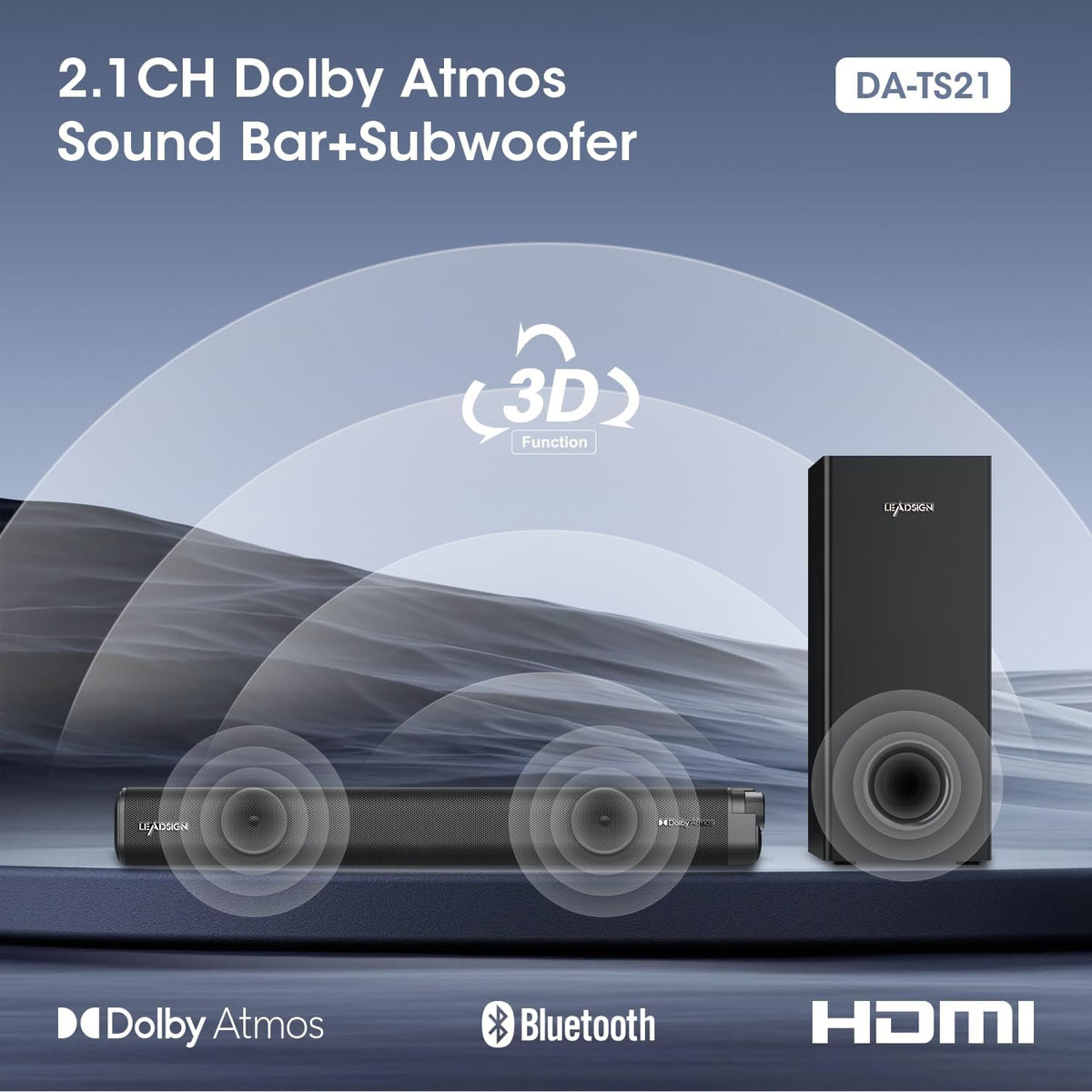 Soundbar voor TV 120W met Dolby Atmos, 2.1CH Surround Sound, TV Soundbar met Bedrade Subwoofer, 3D Home Cinema Geluid, 4 EQ Modi