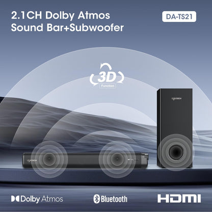 Soundbar voor TV 120W met Dolby Atmos, 2.1CH Surround Sound, TV Soundbar met Bedrade Subwoofer, 3D Home Cinema Geluid, 4 EQ Modi