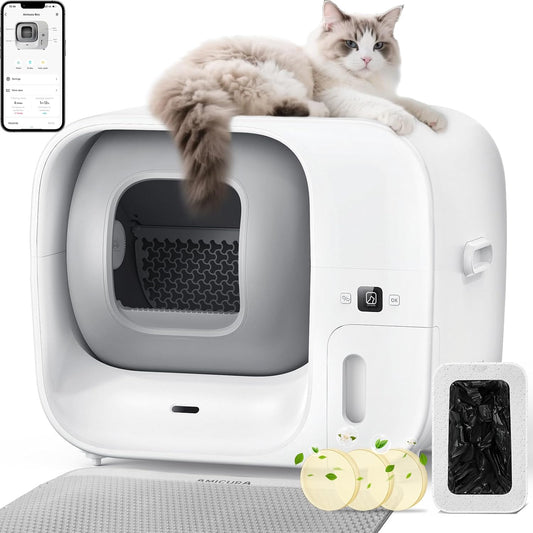 Cura3 Automatische Kattenbak Zelfreinigend, Elektrische Zelfverpakking Systeem (Nul Contact met Afval), TÜV Veiligheid Anti-Klemmen/APP Besturing, Zelfreinigende Kattenbak voor Meerdere Katten
