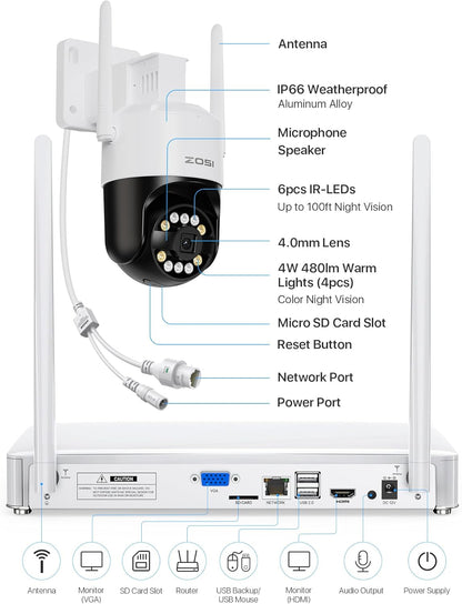 ZOSI 4K WiFi 6 buiten bewakingscamera set, 8MP NVR met 1TB HDD, 4X 360° WLAN camera met persoons- en voertuigdetectie, kleuren nachtzicht, C296B