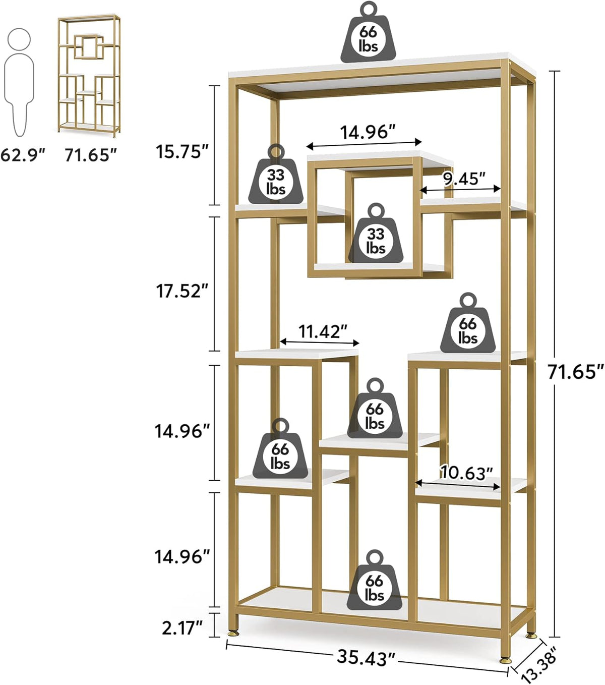 Tribesigns 180cm Golden Bookcase, 11 Stories Large and High, Open Geometric Cube Design, Modern for Living Room, Bedroom, Home Office