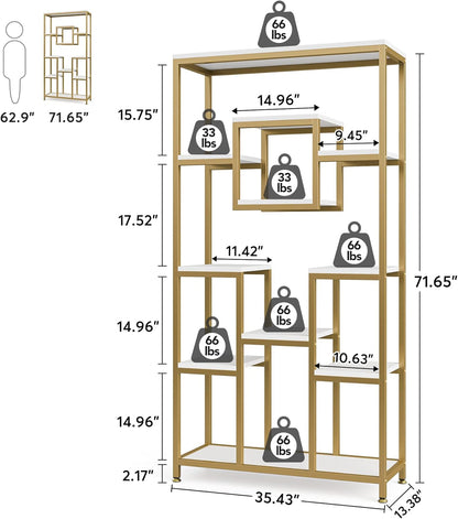 Tribesigns 180cm Golden Bookcase, 11 Stories Large and High, Open Geometric Cube Design, Modern for Living Room, Bedroom, Home Office