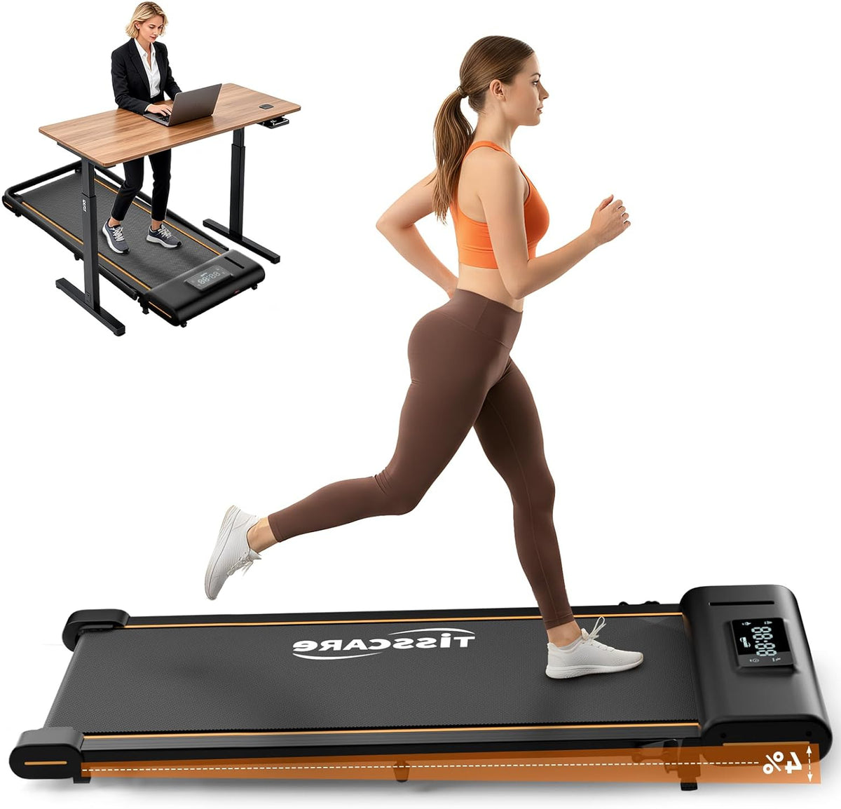 TISSCARE Treadmill for Home and Office, Silent Walking Path with Improved Tread 141.5cm and 55.5cm, 4% Incline Function, 1-6km/h, LED Display, 130kg Load Capacity, Under Desk Treadmill - QUORE