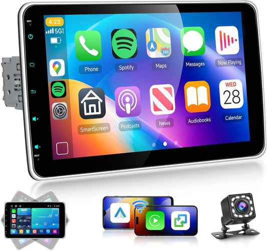 Hodozzy Car radio 1 Din with twisted 10.1 inch touch screen, car radio 1 Din with wireless CarPlay/Android car/mirror link, MP5 player with Bluetooth, radio FM, HD online video, EQ, USB/type C + - QUORE