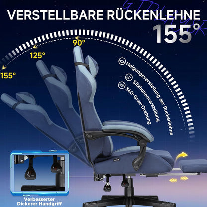 GTPLAYER Gaming Chair, Ergonomic Gamer Chair Made of Faux Leather Fabric with Lumbar Support, PC Chair with Widened Backrest, Maximum Load 150 kg, Dark Blue - QUORE