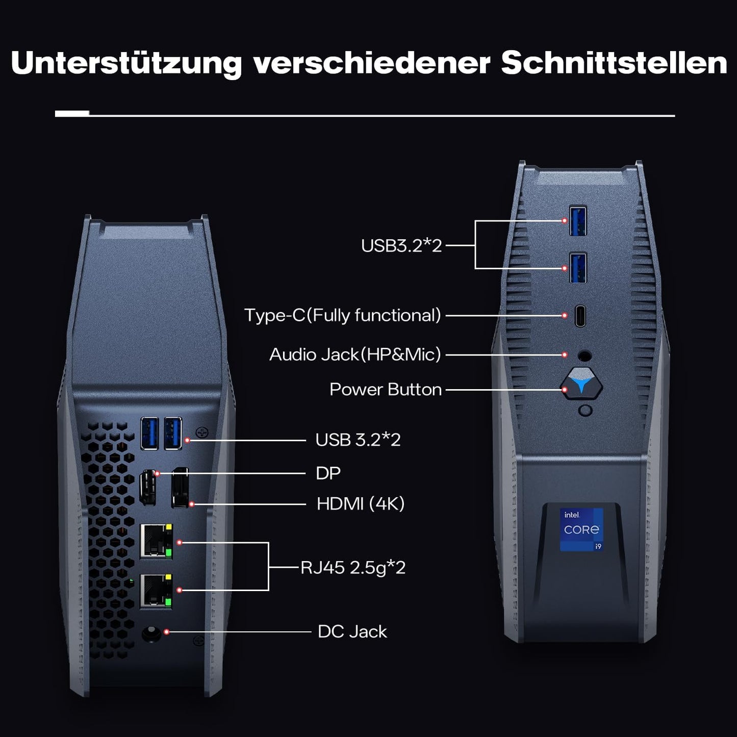 ALLIWAVA GH9 Mini-pc, Intel Core i9-12900HK(14K/20T, tot 5,0 GHz), 32 GB RAM, 1 TB SSD, Win11 Pro, 3-voudige video-uitgang (HDMI/USB-C/DP), 2 x 2,5 G LAN, Thunderbolt 4, compacte desktop-pc