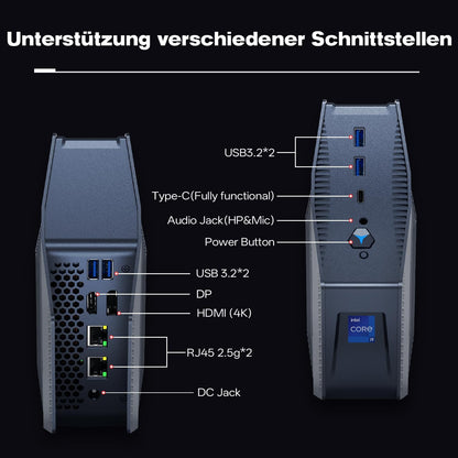 ALLIWAVA GH9 Mini-pc, Intel Core i9-12900HK(14K/20T, tot 5,0 GHz), 32 GB RAM, 1 TB SSD, Win11 Pro, 3-voudige video-uitgang (HDMI/USB-C/DP), 2 x 2,5 G LAN, Thunderbolt 4, compacte desktop-pc