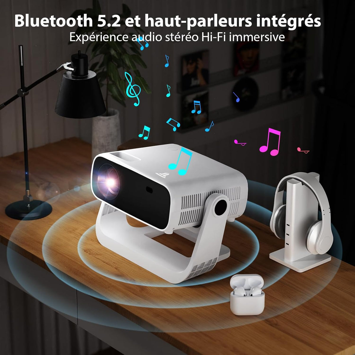 Beamer 2025 met geïntegreerde app – draagbare projector full hd 1080p 650ANSI, retroprojector ondersteunt 4K WiFi Bluetooth, trapeziumcorrectie auto en 4P, compatibel met iOS Android HDMI
