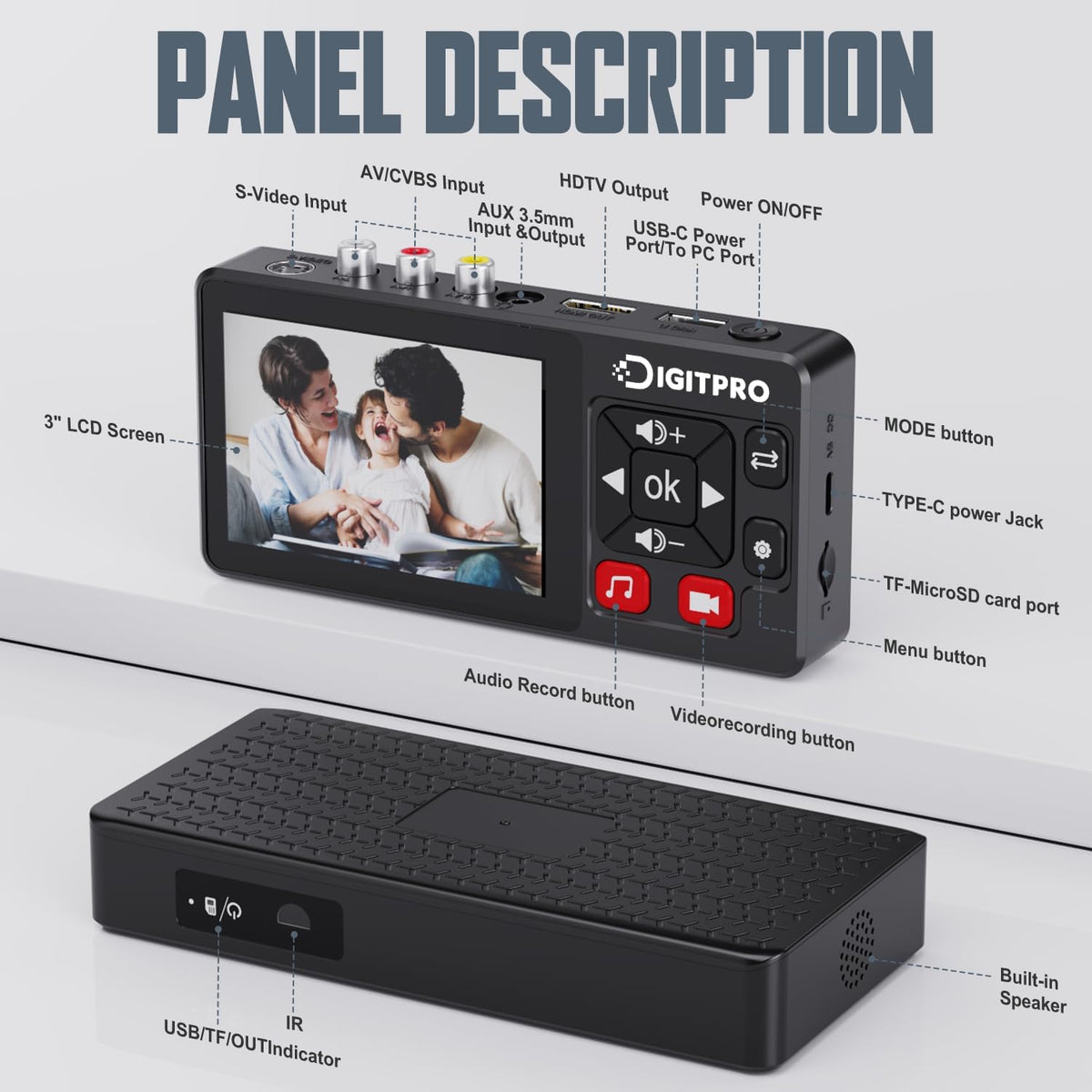 VHS naar digitale converter, HD VHS digitaliseren videorecorder met afstandsbediening, VHS Video Grabber Compatibel met Mini DV, DVD-speler, Blu Ray Player, Hi8, Camcorder, Cassette Tape, Gaming