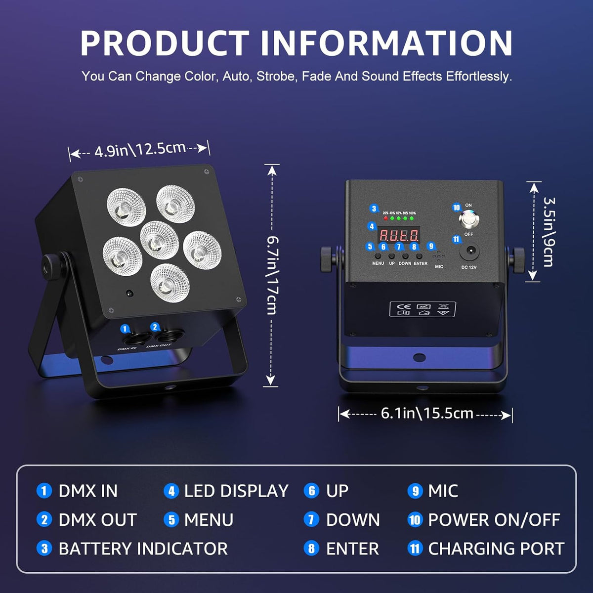 50 W batterij LED Par schijnwerper 6-in-1 RGBWAUV DMX512 podiumlicht met afstandsbediening, 12 uur batterijduur, uplight voor DJ, disco, party, karaoke, bruiloft, verjaardag