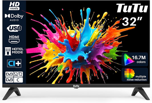 TuTu TV 32 - inch (80 cm) LED HD - TV met Triple Tuner (DVB - T/T2 - C - S/S2), HDMI, USB - Media Player, CI/CI+, Hotel - mode (TUB32HN1N, 2024)