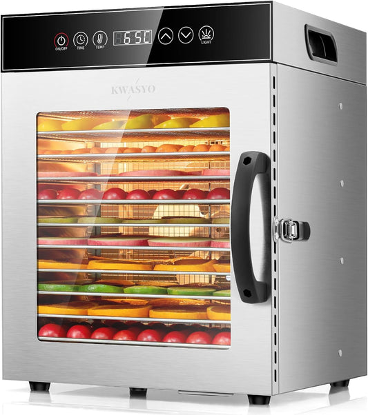 Kwasyo Voedseldehydrator 12 trays, 750W roestvrijstalen dehydrator, voedseldroger UK met digitale timer en temperatuurregeling, oververhittingsbeveiliging, receptenboek inbegrepen