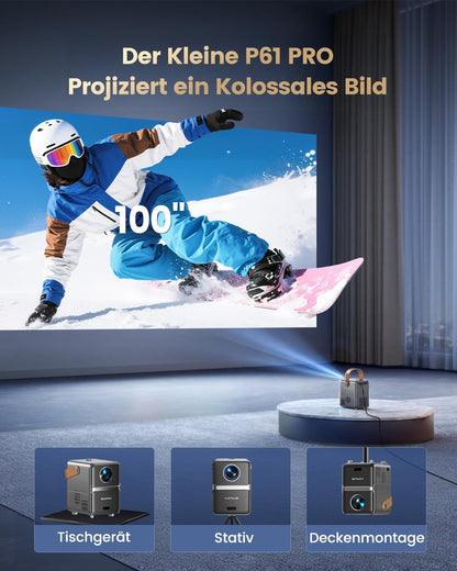 Netflix Official Mini-beamer, 4K [Dolby Audio], smart beamer, klein, met WiFi6, 2-weg bluetooth, Full HD, 1080P, elektrische focus, auto, verticale trapeziumcorrectie, korte afstand, projector