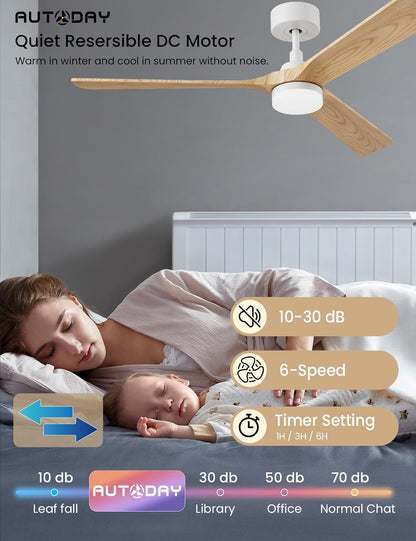 Bois Ventilateur Plafond avec Lampe Silencieux Moteur DC 30W ventilateurs de plafond diamètre 132 cm (52") avec 3 Pales réversibles Télécommande fonction mémoire et minuterie 6 vitesses