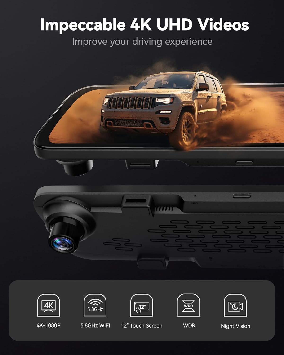 Spiegel Dashcam – Rearview Camera – Auto Camera – Dashcam Met Scherm – Achteruitkijkspiegel Camera – 12 Inch IPS Full Touch Screen – Dual 2160P Full HD Nachtzicht - QUORE