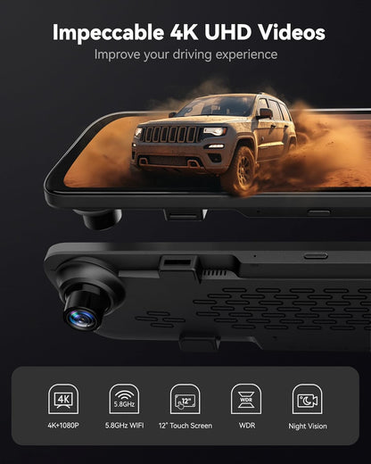 Spiegel Dashcam – Rearview Camera – Auto Camera – Dashcam Met Scherm – Achteruitkijkspiegel Camera – 12 Inch IPS Full Touch Screen – Dual 2160P Full HD Nachtzicht - QUORE