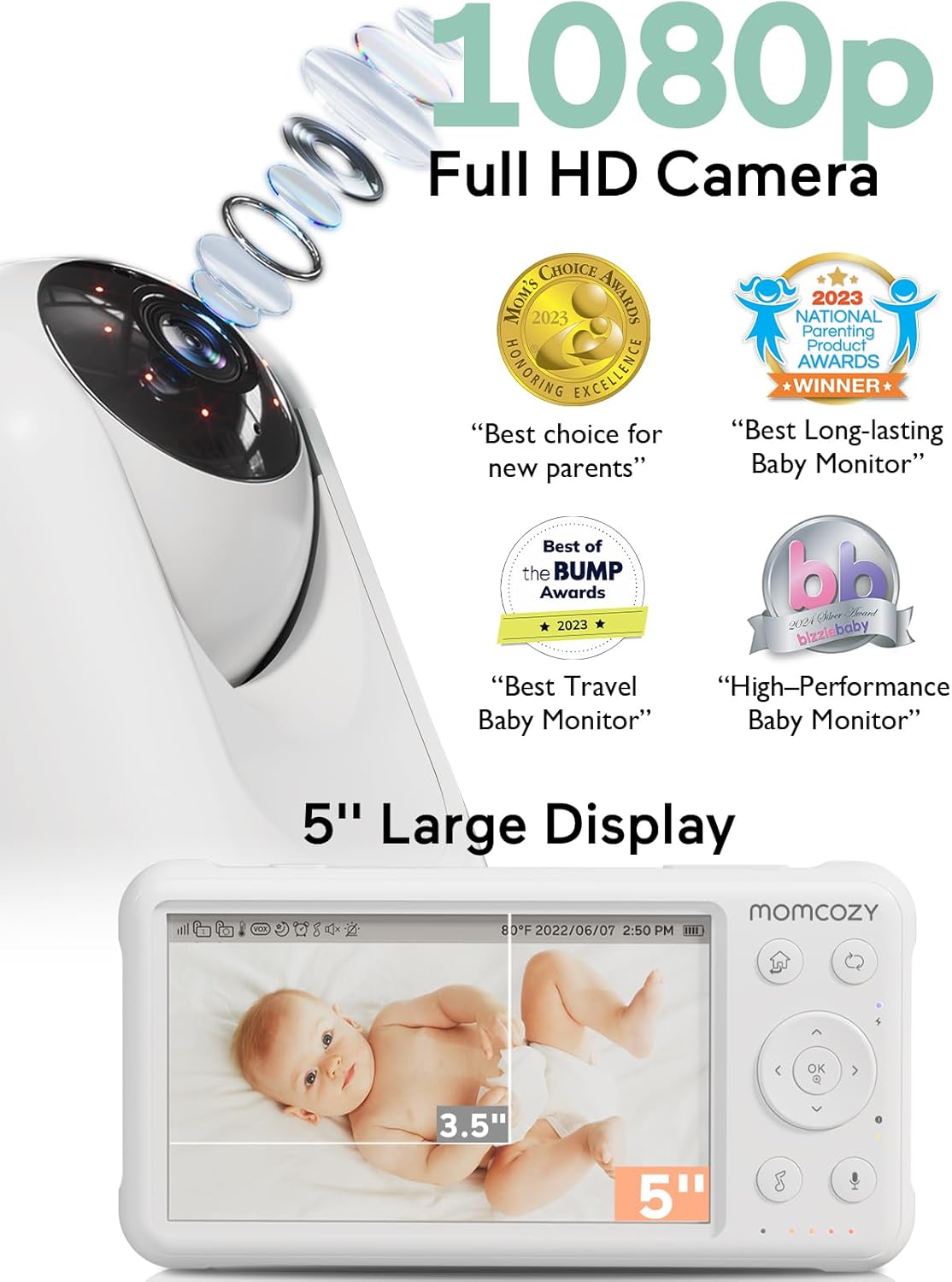 Momcozy Babyfoon Met Camera – 5-Inch HD 1080P Scherm – 5000 mAh Accu – Geen Wi-Fi – Tweerichtingsaudio – VOX-Modus – Nachtzicht – Groothoeklens – 290 m Bereik – BM01