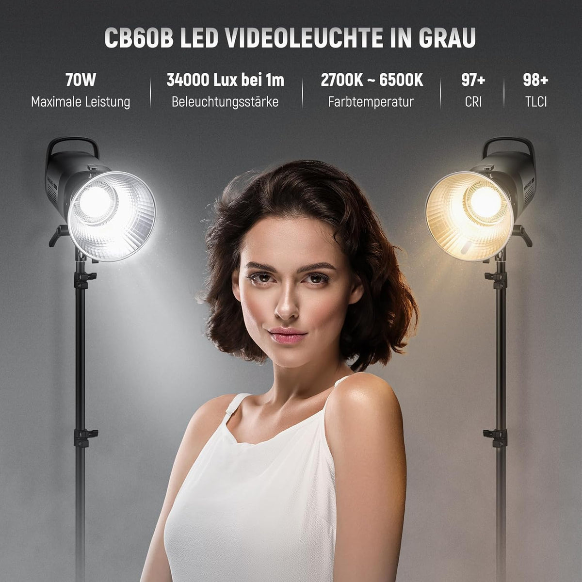 NEEWER CB60B 70W LED videolamp studiolicht 2,4G/APP bediening, COB Bi-Color Studio continu licht 2700K-6500K 34000Lux@1m/CCT modus/CRI97+/12 scènes Bowens houder voor fotografie videoverlichting