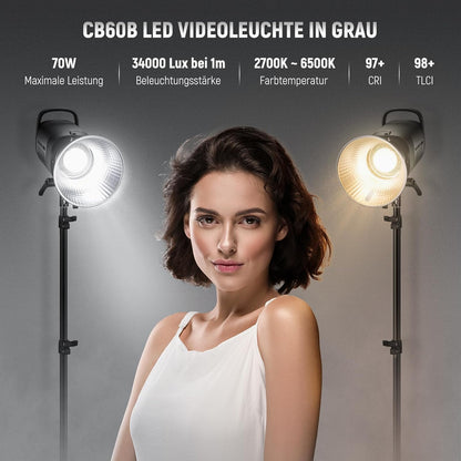 NEEWER CB60B 70W LED videolamp studiolicht 2,4G/APP bediening, COB Bi-Color Studio continu licht 2700K-6500K 34000Lux@1m/CCT modus/CRI97+/12 scènes Bowens houder voor fotografie videoverlichting