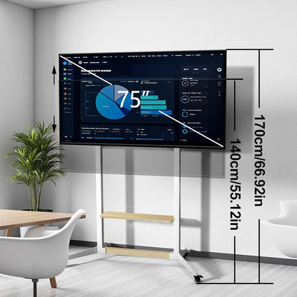 unho Mobiele tv-standaard met wielen voor tv's van 40-100 inch, witte tv-trolley, rollende tv-standaard met planken, verstelbare hoogte, heavy-duty MDF en stalen constructie, maximale belasting 100 kg