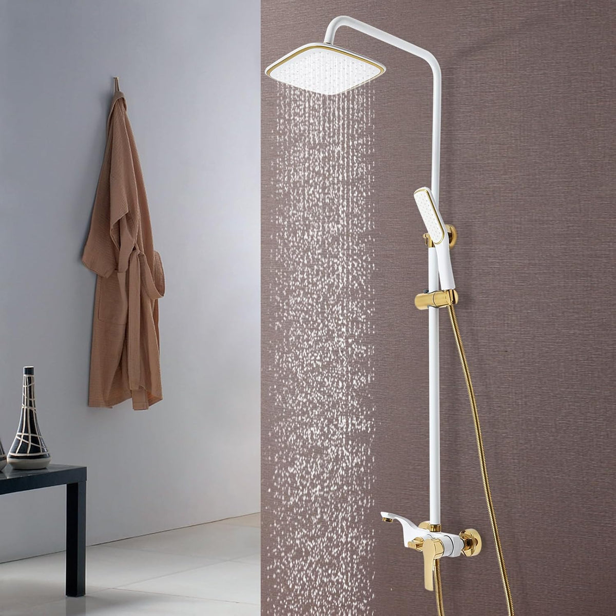 OUKANING Shower Faucet with Rain Shower, Brass Stainless Steel and ABS, Shower System Shower Set, 3 Water Outlet Modes, Indoor Housewarming Gift (White, Gold) - QUORE