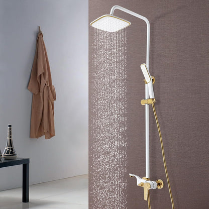 OUKANING Shower Faucet with Rain Shower, Brass Stainless Steel and ABS, Shower System Shower Set, 3 Water Outlet Modes, Indoor Housewarming Gift (White, Gold) - QUORE
