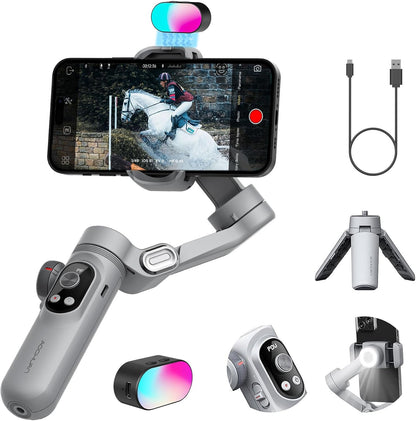 Gimbal Stabilizer voor Smartphone, RGB Magnetische Refill Light Set, OLED Display LED Licht Focus Wiel, Professionele 3-assige stabilisator voor Android &iPhone, AOCHUAN XPRO KIT Grijs